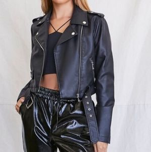 Black faux leather cropped moto jacket